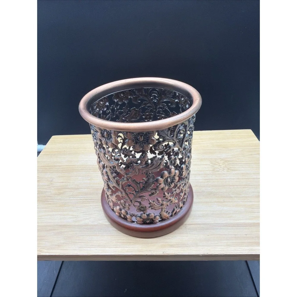 Copper Toned Ornate Candle Holder Pen Holder Wood Base 4.25